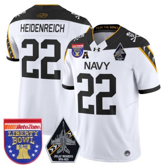 Men's Navy Midshipmen #22 Eli Heidenreich White 'Jolly Rogers Edition' 2026 Liberty Bowl Patch F.U.S.E. Vapor Limited Stitched Jersey