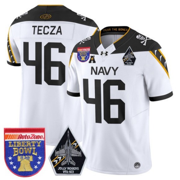 Men's Navy Midshipmen #46 Alex Tecza White 'Jolly Rogers Edition' 2026 Liberty Bowl Patch F.U.S.E. Vapor Limited Stitched Jersey