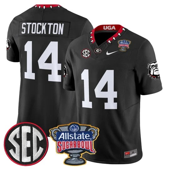 Men's Georgia Bulldogs #14 Gunner Stockton Black 2025 Sugar Bowl Patch F.U.S.E. Vapor Limited Stitched Jersey