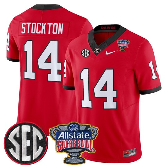 Men's Georgia Bulldogs #14 Gunner Stockton Red 2025 Sugar Bowl Patch F.U.S.E. Vapor Limited Stitched Jersey