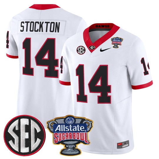 Men's Georgia Bulldogs #14 Gunner Stockton White 2025 Sugar Bowl Patch F.U.S.E. Vapor Limited Stitched Jersey