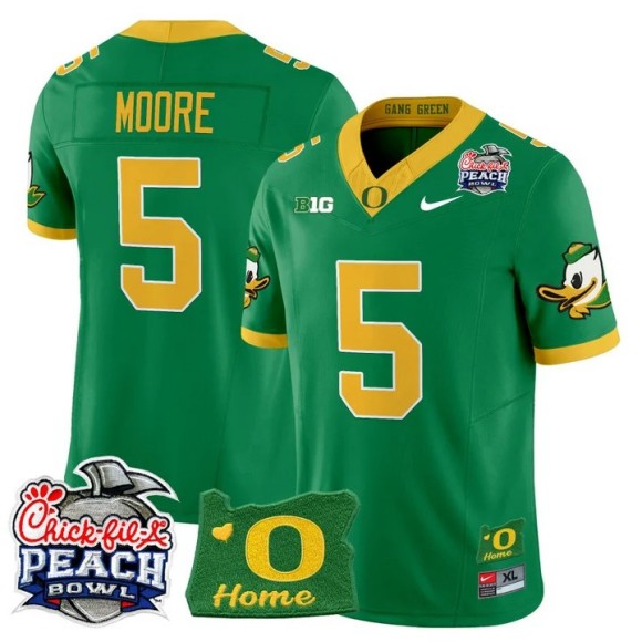 Men's Oregon Ducks #5 Dante Moore Green 2026 Peach Bowl & Oregon State Patch F.U.S.E. Vapor Limited Stitched Jersey