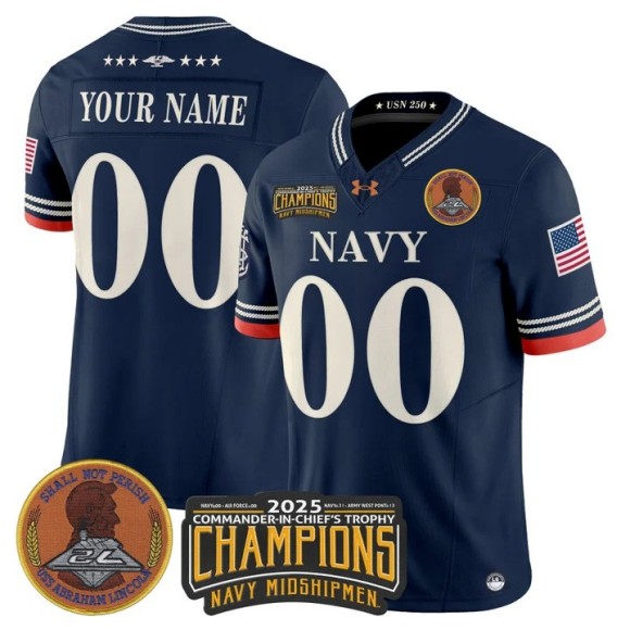 Men's Navy Midshipmen Custom Navy 250th Anniversary 2025 Commander-In-Chief's Trophy Champions Patch F.U.S.E. Vapor Limited Stitched Jersey