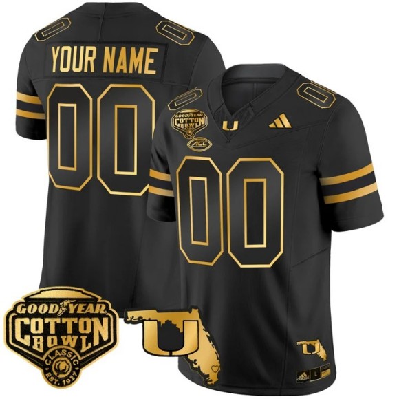 Men's Miami Hurricanes Custom Black Gold 2026 Cotton Bowl & Florida Patch F.U.S.E. Vapor Limited Stitched Jersey