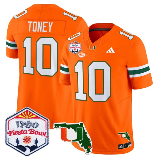 Men's Miami Hurricanes #10 Malachi Toney Orange 2026 The Fiesta Bowl & Florida Patch F.U.S.E. Vapor Limited Stitched Jersey