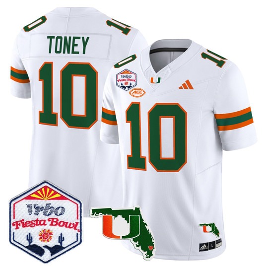 Men's Miami Hurricanes #10 Malachi Toney White 2026 The Fiesta Bowl & Florida Patch F.U.S.E. Vapor Limited Stitched Jersey