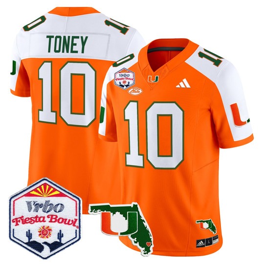 Men's Miami Hurricanes #10 Malachi Toney Orange Alternate 2026 The Fiesta Bowl & Florida Patch F.U.S.E. Vapor Limited Stitched Jersey