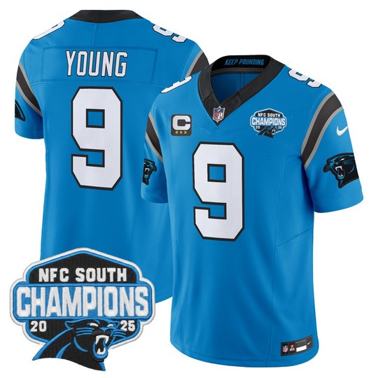 Men's Carolina Panthers #9 Bryce Young Blue 2025 NFC South Division Champions F.U.S.E. Vapor Limited Stitched Jersey