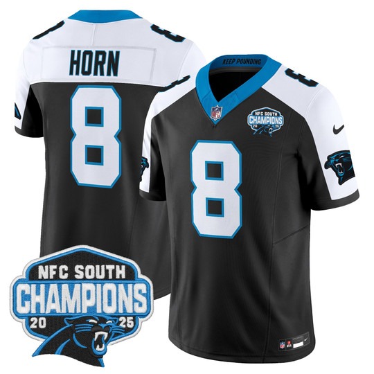 Men's Carolina Panthers #8 Jaycee Horn Black White 2025 NFC South Division Champions F.U.S.E. Vapor Limited Stitched Jersey