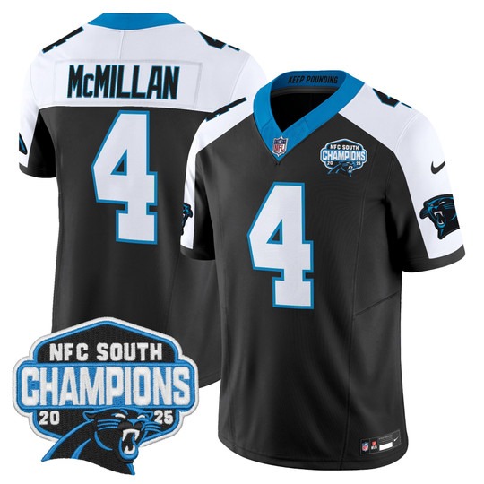Men's Carolina Panthers #4 Tetairoa McMillan Black White 2025 NFC South Division Champions F.U.S.E. Vapor Limited Stitched Jersey