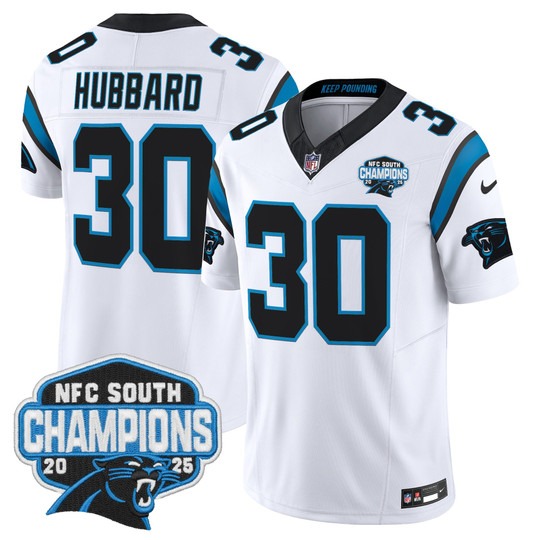 Men's Carolina Panthers #30 Chuba Hubbard White 2025 NFC South Division Champions F.U.S.E. Vapor Limited Stitched Jersey