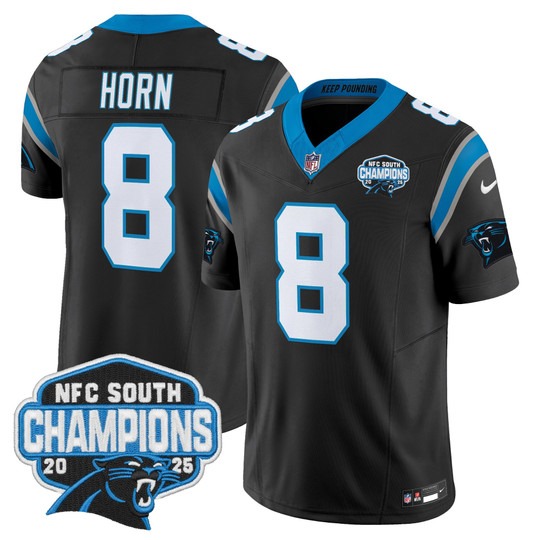 Men's Carolina Panthers #8 Jaycee Horn Black 2025 NFC South Division Champions F.U.S.E. Vapor Limited Stitched Jersey