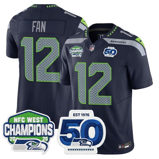 Men's Seattle Seahawks #12 Fan Navy 2025 NFC West Division Champions & 50th Anniversary Patch F.U.S.E. Vapor Limited Stitched Jersey