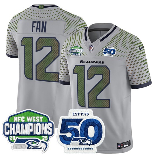 Men's Seattle Seahawks #12 Fan Grey Rivalries 2025 NFC West Division Champions & 50th Anniversary Patch F.U.S.E. Vapor Limited Stitched Jersey