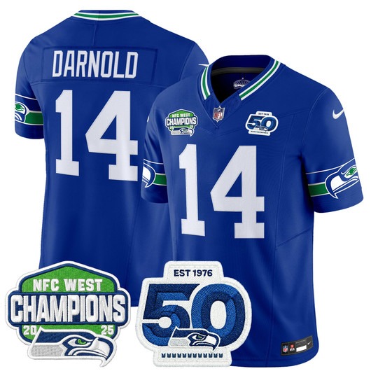 Men's Seattle Seahawks #14 Sam Darnold Royal 2025 NFC West Division Champions & 50th Anniversary Patch F.U.S.E. Vapor Limited Stitched Jersey