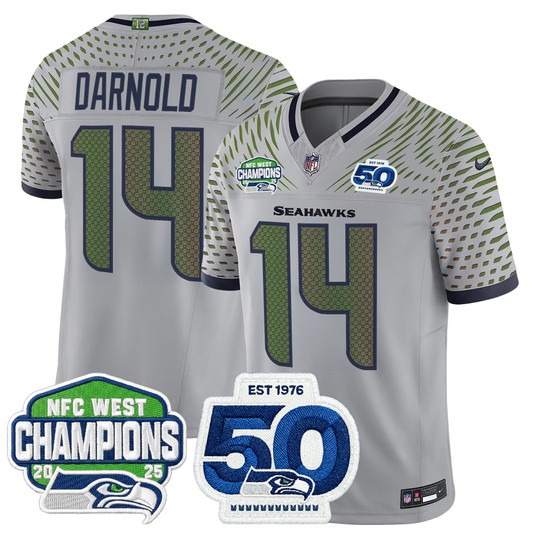 Men's Seattle Seahawks #14 Sam Darnold Grey Rivalries 2025 NFC West Division Champions & 50th Anniversary Patch F.U.S.E. Vapor Limited Stitched Jersey
