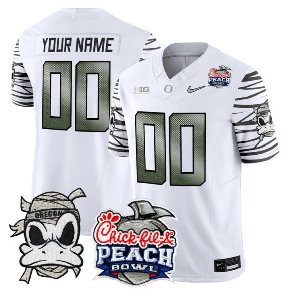 Men's Oregon Ducks Custom White 'Mummy Duck' 2026 Peach Bowl Patch F.U.S.E. Vapor Limited Stitched Jersey