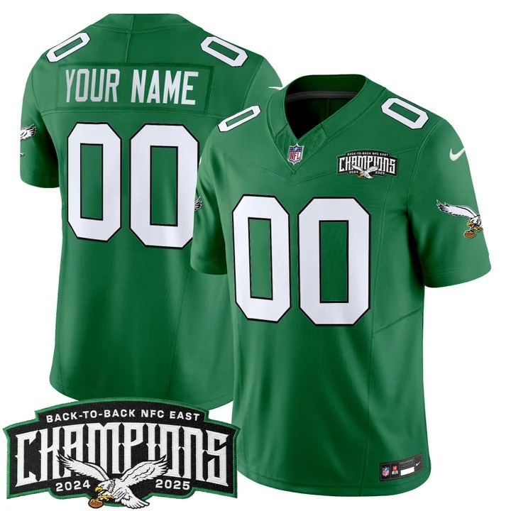 Men's Philadelphia Eagles Custom Kelly Green Back-To-Back 2024-2025 NFC East Division Champions F.U.S.E. Vapor Limited Stitched Jersey