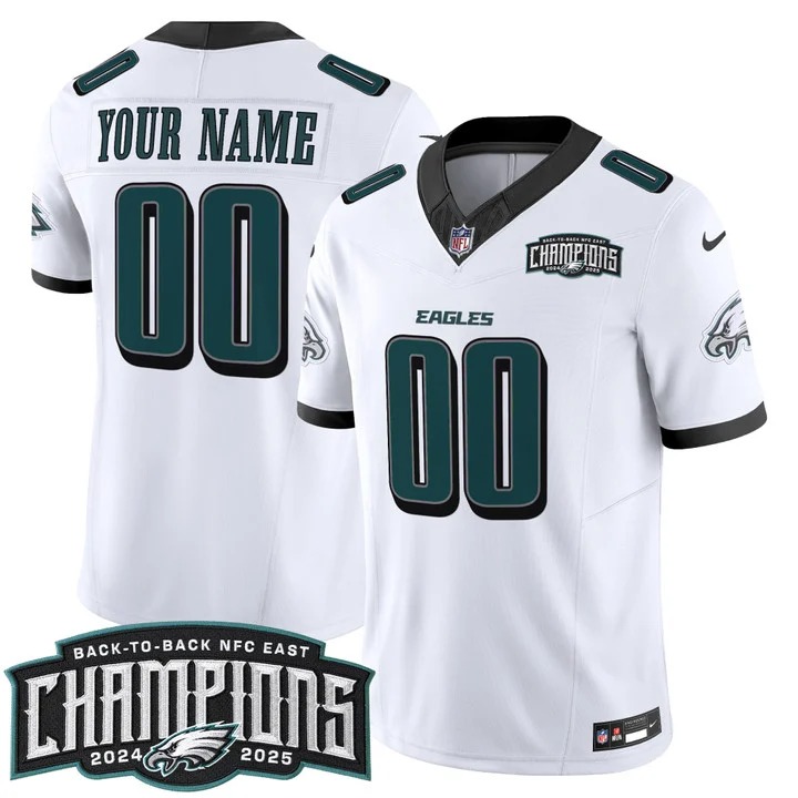 Men's Philadelphia Eagles Custom White Back-To-Back 2024-2025 NFC East Division Champions F.U.S.E. Vapor Limited Stitched Jersey