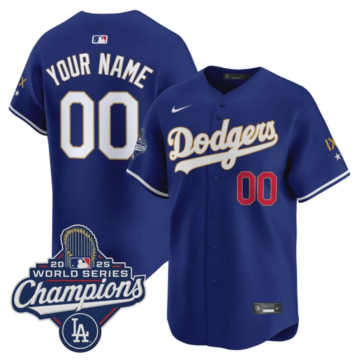 Men's Los Angeles Dodgers Custom Royal IX 9-Time 2025 World Series Champions Gold Trim Limited Stitched Jersey