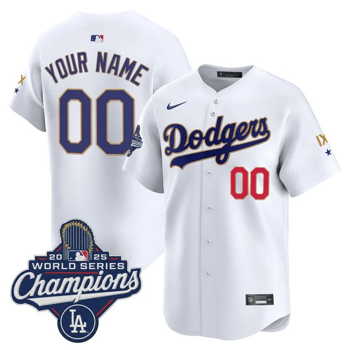 Men's Los Angeles Dodgers Custom White IX 9-Time 2025 World Series Champions Gold Trim Limited Stitched Jersey