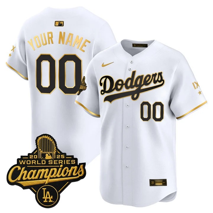 Men's Los Angeles Dodgers Custom White Gold IX 9-Time 2025 World Series Champions Gold Trim Limited Stitched Jersey