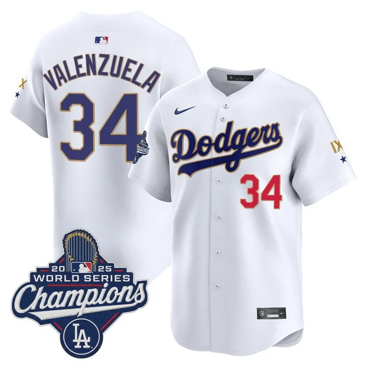 Men's Los Angeles Dodgers #34 Fernando Valenzuela White IX 9-Time 2025 World Series Champions Gold Trim Limited Stitched Jersey