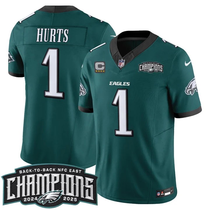Men's Philadelphia Eagles #1 Jalen Hurts Midnight Green Back-To-Back 2024-2025 NFC East Division Champions F.U.S.E. Vapor Limited Stitched Jersey