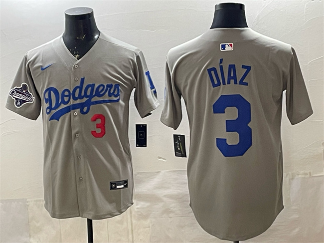 Men's Los Angeles Dodgers #3 Edwin Diaz Grey With 2025 World Series Champions Patch Limited Stitched Baseball Jersey