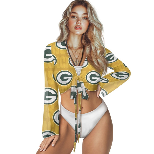 Women's Green Bay Packers Swimsuit Cover Up Long Sleeve Sheer V Neck Lightweight Tie Front Cardigan Beach Shirts Bathing Suit Coverup 001(Pls check description for details)