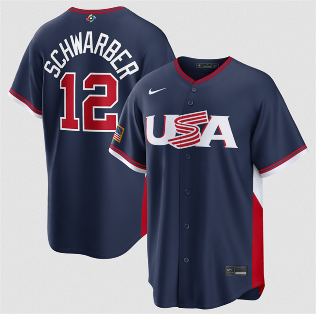 Men's USA Baseball #12 Kyle Schwarber Navy 2026 World Baseball Classic Road Stadium Stitched Jersey