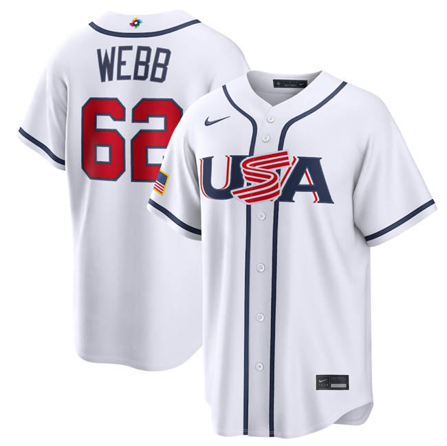 Men's USA Baseball #62 Logan Webb White 2026 World Baseball Classic Home Stadium Stitched Jersey