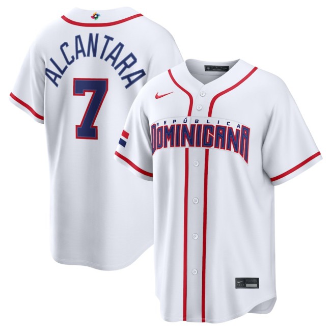 Men's Dominican Republic Baseball #7 Sandy Alcantara White 2026 World Baseball Classic Home Stadium Stitched Jersey