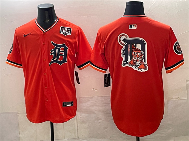Men's Detroit Tigers Team Big Logo Orange 2026 Alternate USA 250' Patch Vapor Premier Limited Stitched Baseball Jersey