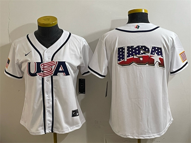 Women's USA Baseball White 2026 World Baseball Classic Big Logo Home Stadium Stitched Baseball Jersey(Run Small)