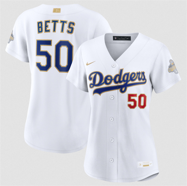 Women's Los Angeles Dodgers #50 Mookie Betts White 2026 Gold Collection Stadium Stitched Baseball Jersey(Run Small)