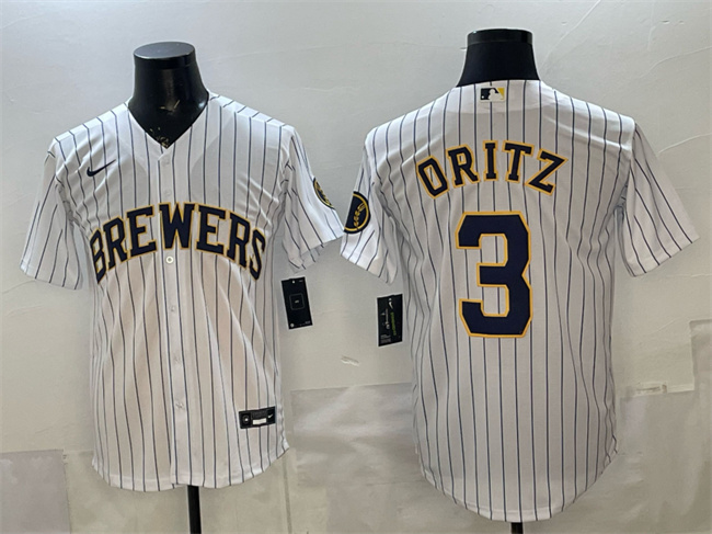 Men's Milwaukee Brewers #3 Joey Ortiz White Pinstripe 2025 With Patch Stitched Baseball Jersey