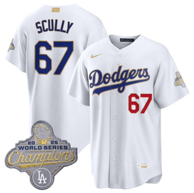 Men's Los Angeles Dodgers #67 Vin Scully White 2026 Gold Collection Stadium Stitched Baseball Jersey