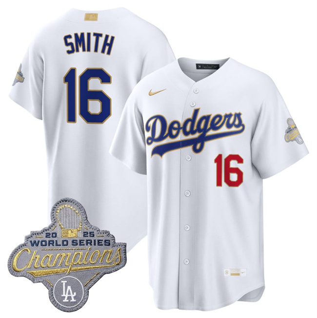 Men's Los Angeles Dodgers #16 Will Smith White 2026 Gold Collection Stadium Stitched Baseball Jersey