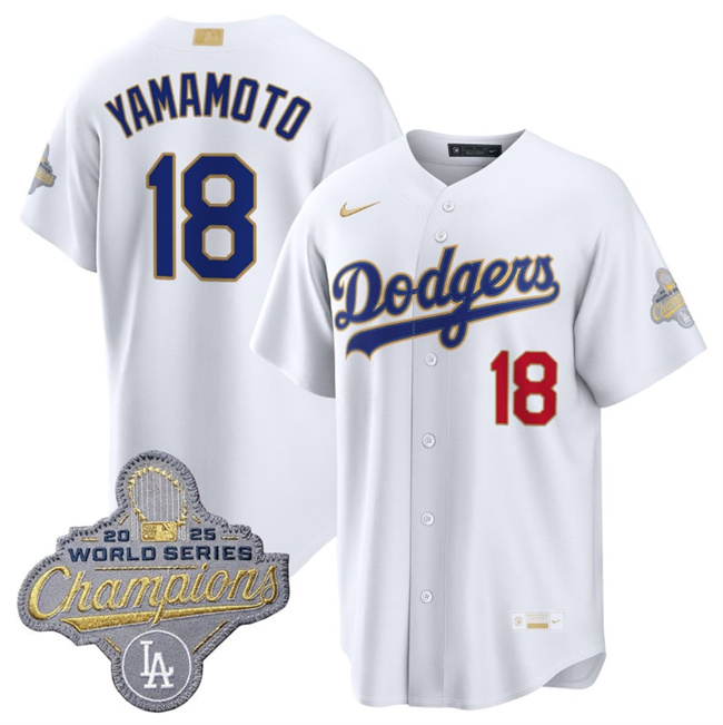 Men's Los Angeles Dodgers #18 Yoshinobu Yamamoto White 2026 Gold Collection Stadium Stitched Baseball Jersey