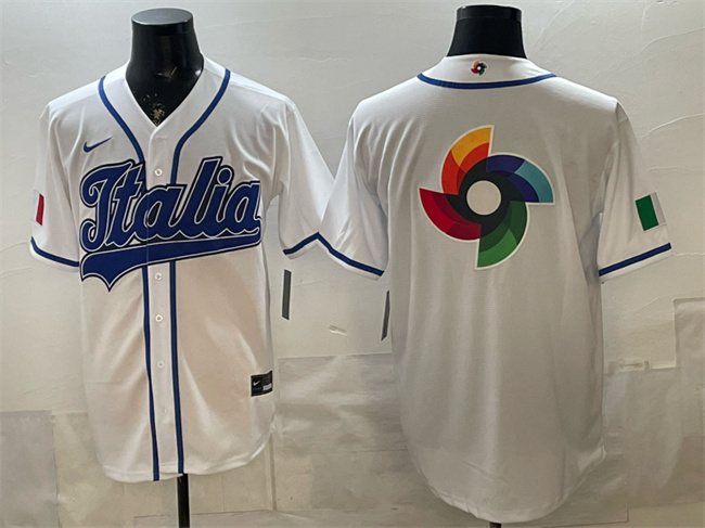 Men's Italy Baseball White 2026 World Baseball Classic Big Logo Home Stadium Stitched Jersey