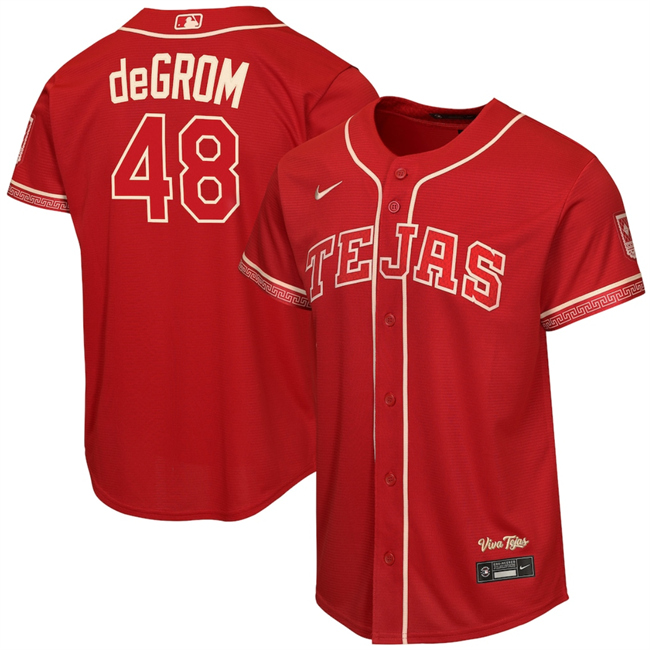 Youth Texas Rangers #48 Jacob deGrom Red 2026 City Connect Stadium Stitched Baseball Jersey