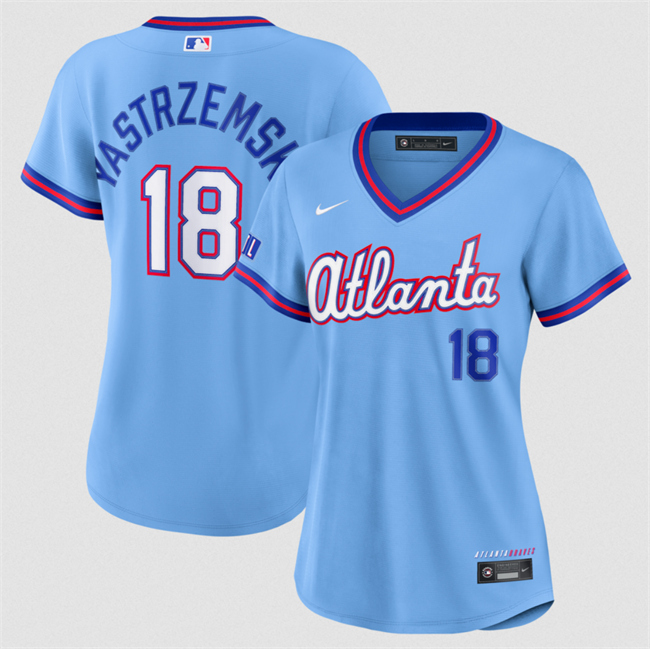 Women's Atlanta Braves #18 Mike Yastrzemski Powder Blue 2026 City Connect Stadium Stitched Baseball Jersey(Run Small)
