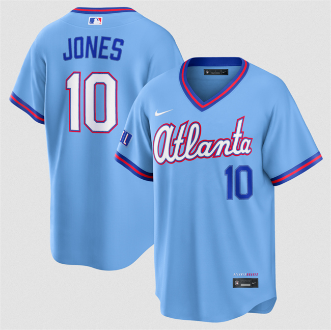 Men's Atlanta Braves #10 Chipper Jones Powder Blue 2026 City Connect Stadium Stitched Baseball Jersey