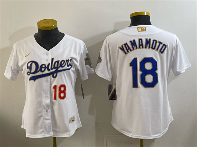 Youth Los Angeles Dodgers #18 Yoshinobu Yamamoto White 2026 Gold Collection Stadium Stitched Baseball Jersey
