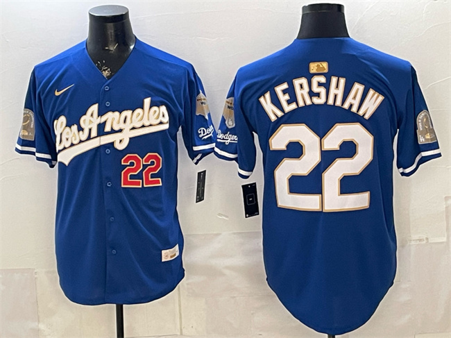 Men's Los Angeles Dodgers #22 Clayton Kershaw Royal 2026 Gold Collection 9x & B2B Champs Patch Stitched Baseball Jersey