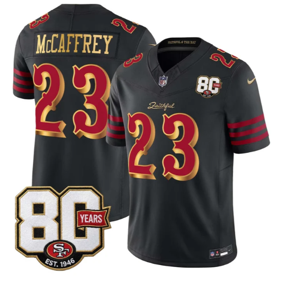 Men's San Francisco 49ers #23 Christian McCaffrey Black 'Rivalries' F.U.S.E. 80th Anniversary Patch Vapor Limited Stitched Jersey