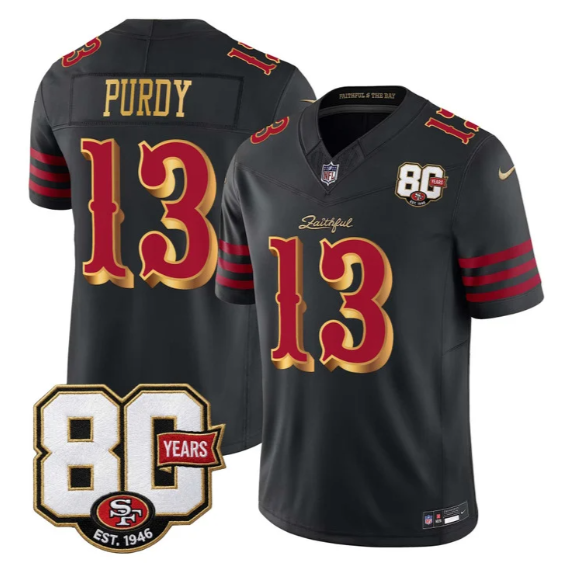 Men's San Francisco 49ers #13 Brock Purdy Black 'Rivalries' F.U.S.E. 80th Anniversary Patch Vapor Limited Stitched Jersey