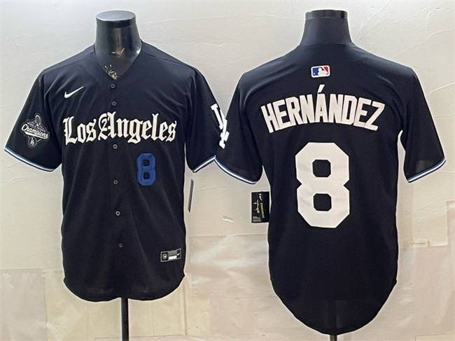 Men's Los Angeles Dodgers #8 Enrique Hernández Black 2025 World Series Champions Patch 'Gothic Edition' Vapor Premier Limited Stitched Baseball Jersey