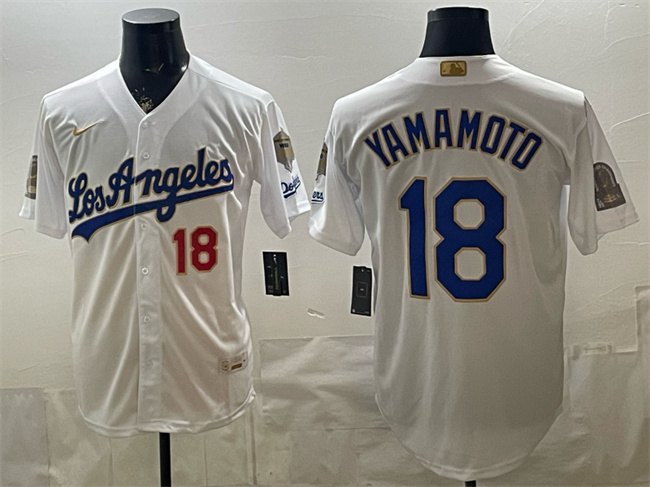 Men's Los Angeles Dodgers #18 Yoshinobu Yamamoto White 2026 Gold Collection 9x & B2B Champs Patch Stitched Baseball Jersey